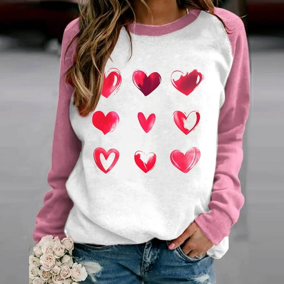 Xixinqiwan Valentines Day Sweatshirt for Women,Womens Long Sleeve Tunic Blouse Heart Graphic Crewneck Pullover Spring Clothes Tops