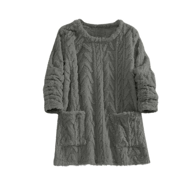 BLVB Chandail Molletonné Chaud en Sherpa pour Femmes, Col Rond, Chandail d'Hiver à Manches Longues, Hauts, Chandails avec Poches