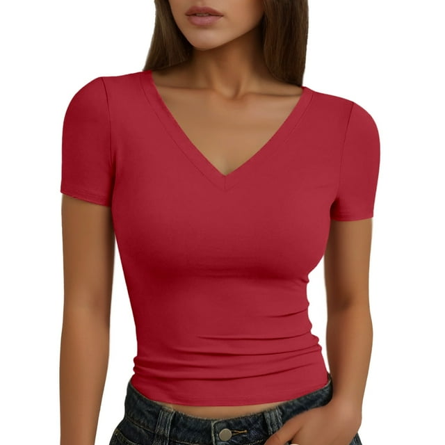 T-shirt Moulant Aguichant pour Femmes, Mode, Uni, Col en V, Manches Courtes