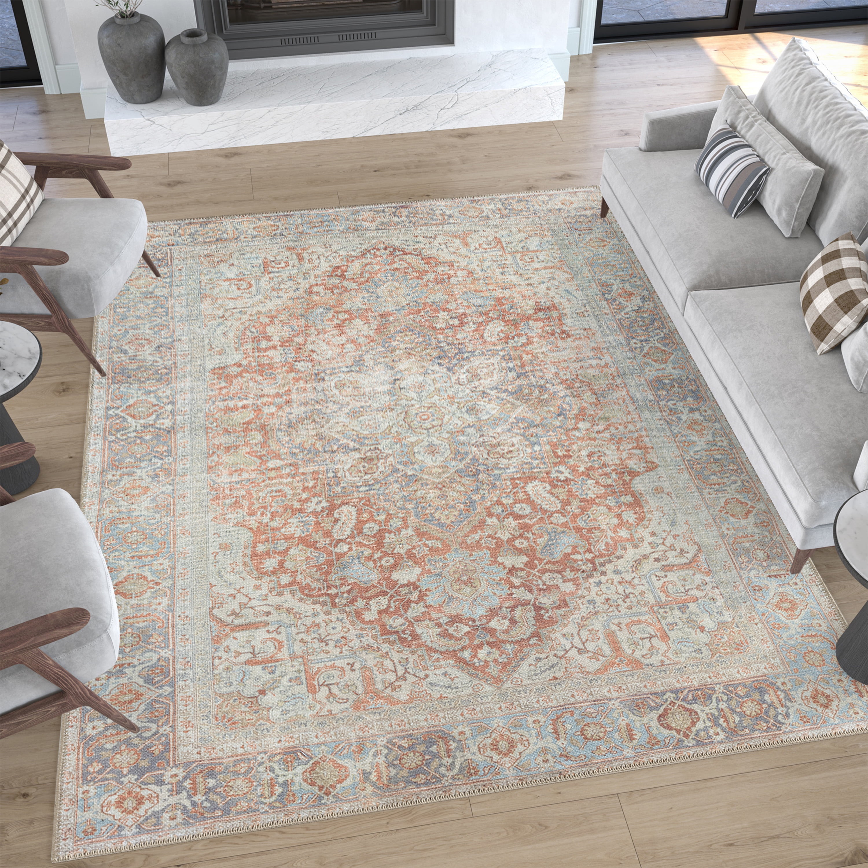 Traditional 5x7 Area Rug (5'3'' x 7'3'') Oriental Rust, Beige Living Room Easy to Clean Machine Washable
