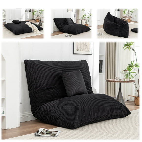 LEHZROAJ 3 in 1 Corduroy Bean Bag Chair with Pillow, Cozy Folding Sofa Bed for Adults Memory Foam Filled No Assembly for Living Room Bedroom,Black