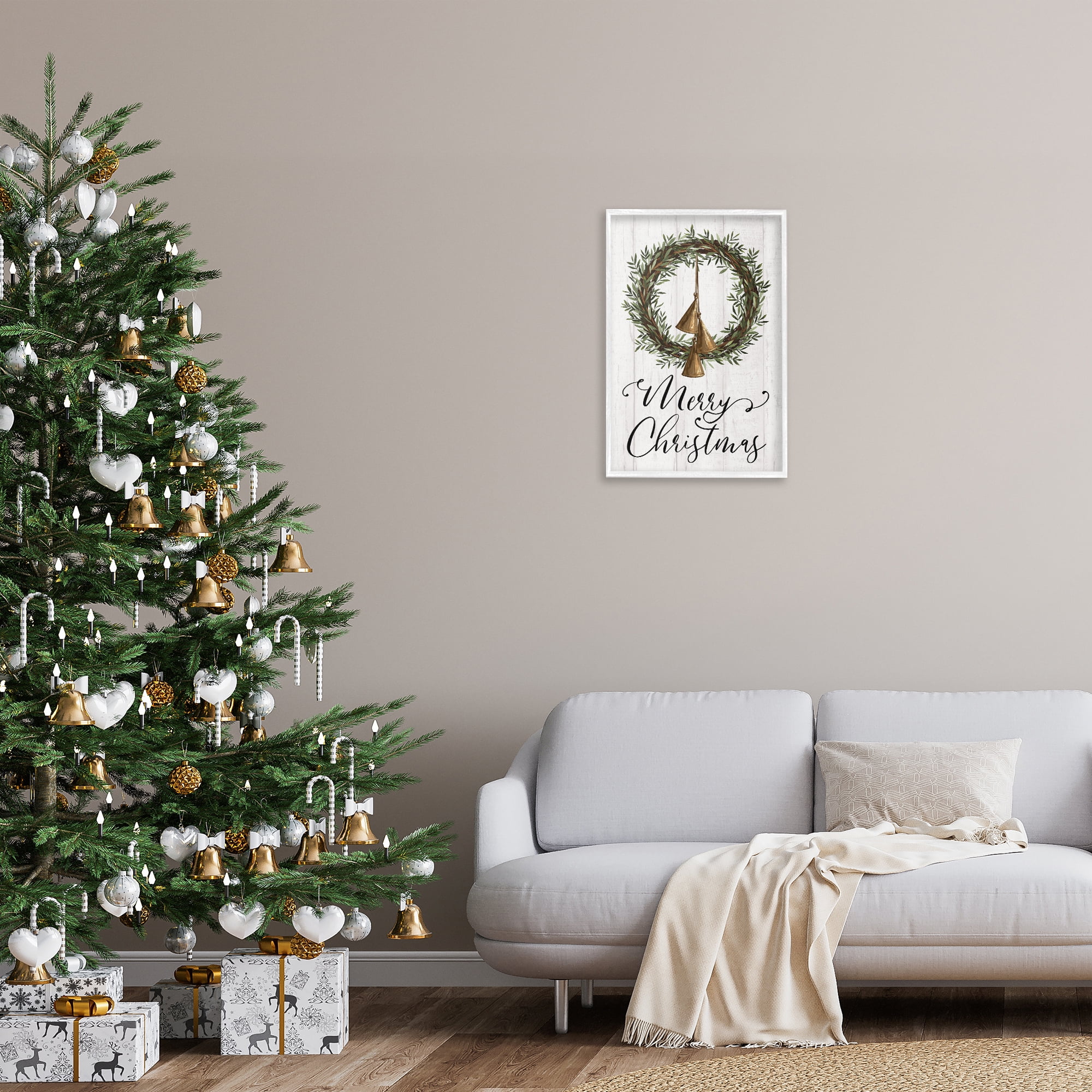 Stupell Industries Christmas Wreath & Bells Holiday Painting White Framed Art Prints Wall Art, 16 x 24