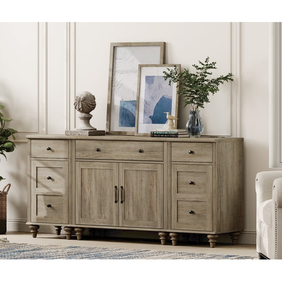 WAMPAT Wash Grey Sideboard Buffet Cabinets with 3 Drawers and 4 Doors, Mid-Century Cupboard & End Table with Charging Station, 3-in-1 Kitchen Storage Cabinets for Dining Room，Hallway