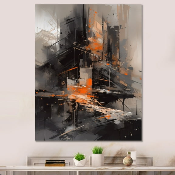 Designart "Black And Orange Architectural Tapestry" City Art Deco Canvas Wall Art
