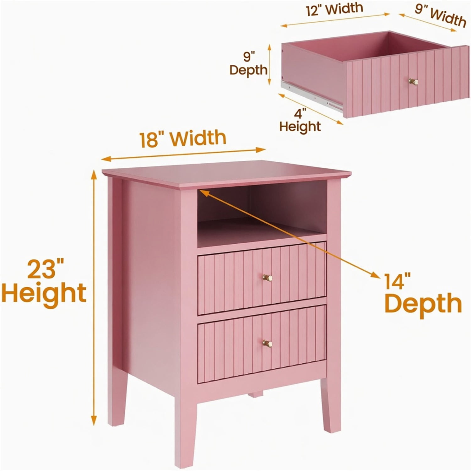 Hommoo 18"W Wooden Fluted Nightstand Set of 2, with 2 Drawers & Open Shelf, Modern Bedroom Sofa Side Table, Pink