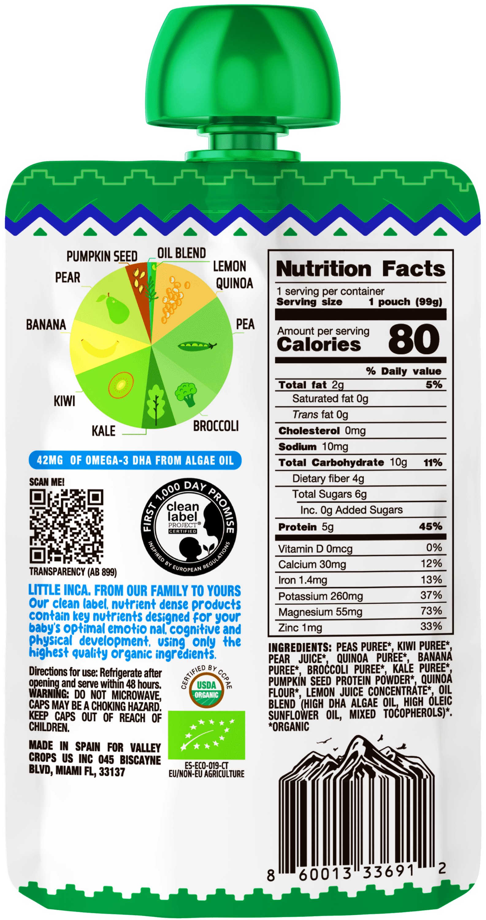 Little Inca Stage 2 Baby Food Pouches, Quinoa Joyful Green Baby Puree, Plant Based High Protein, Dairy-Free, 6 x 3.5oz