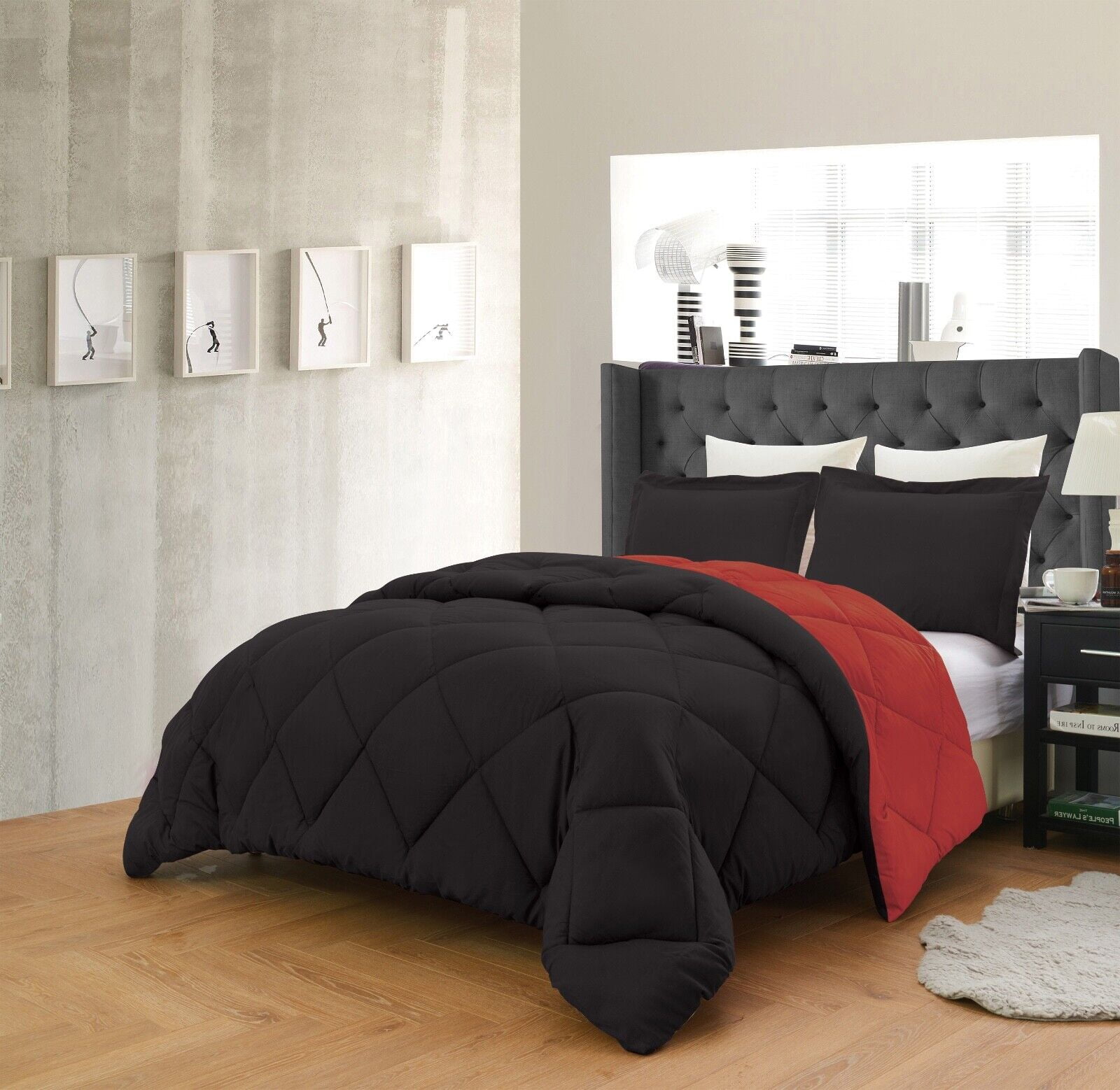 Reversible Comforter and Pillow Shams 3-Piece Set In All Colors - Down Alternative