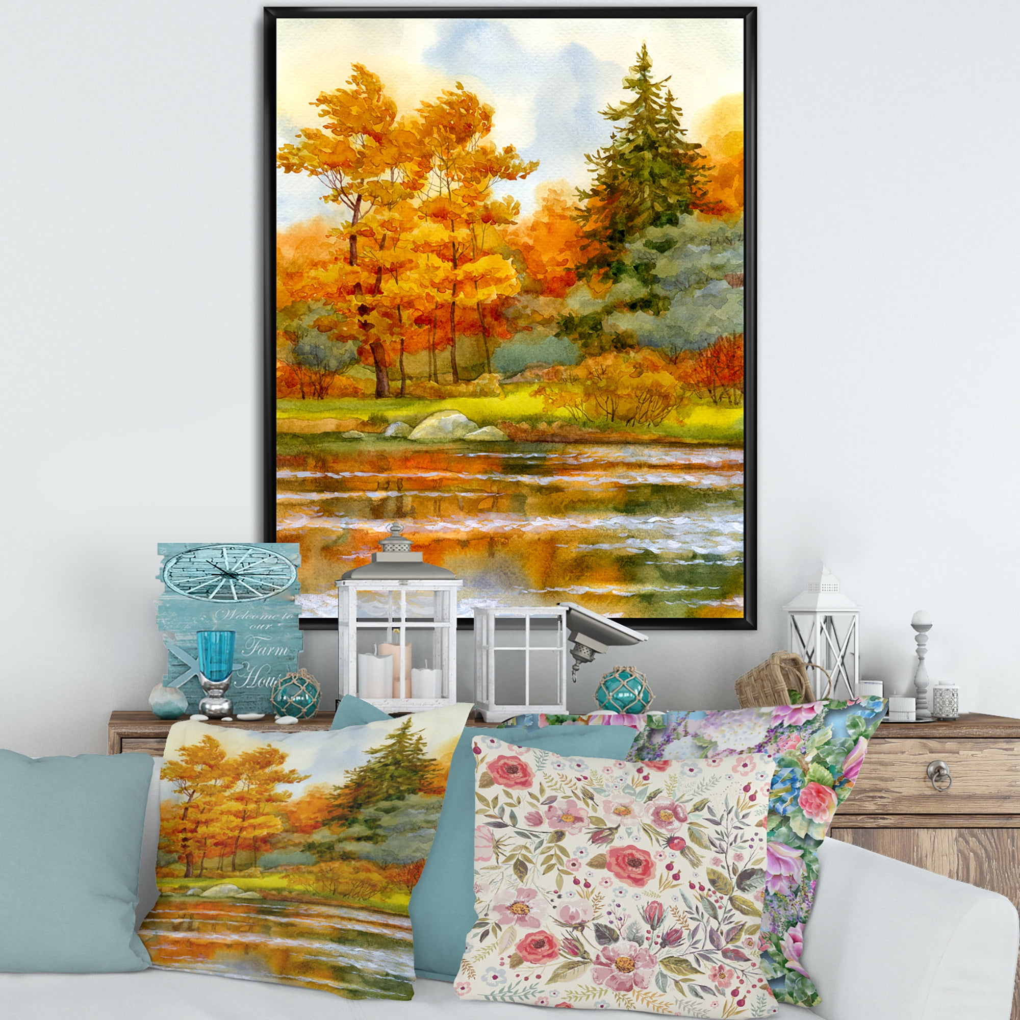 Designart 'Autumn Forest By The Lake Side III' Lake House Framed Canvas Wall Art Print