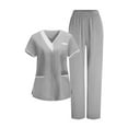 thumbnail image 2 of Womens Scrub Sets Plus Size V-Neck Short Sleeve Color Blocking Tops And Long Elastic Waist Pants Two Piece Workwear Suits with Pockets Gray S-3xL, 2 of 9