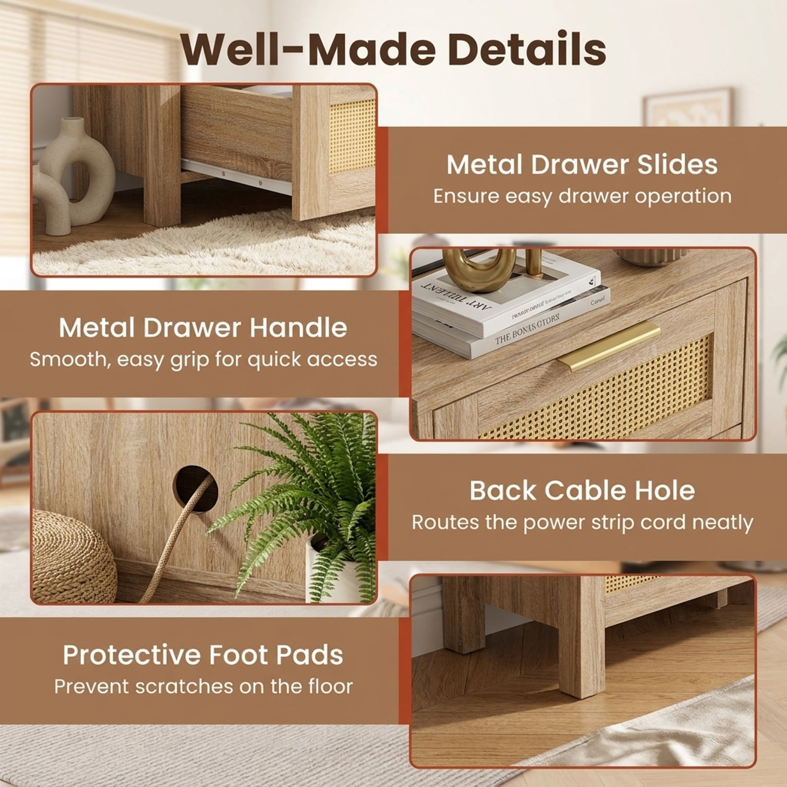 Furnibear Rattan Nightstand with Charging Station and Storage Shelf for Bedroom for Bedroom Living Room Bedside Sofa Side Small Space, Oak