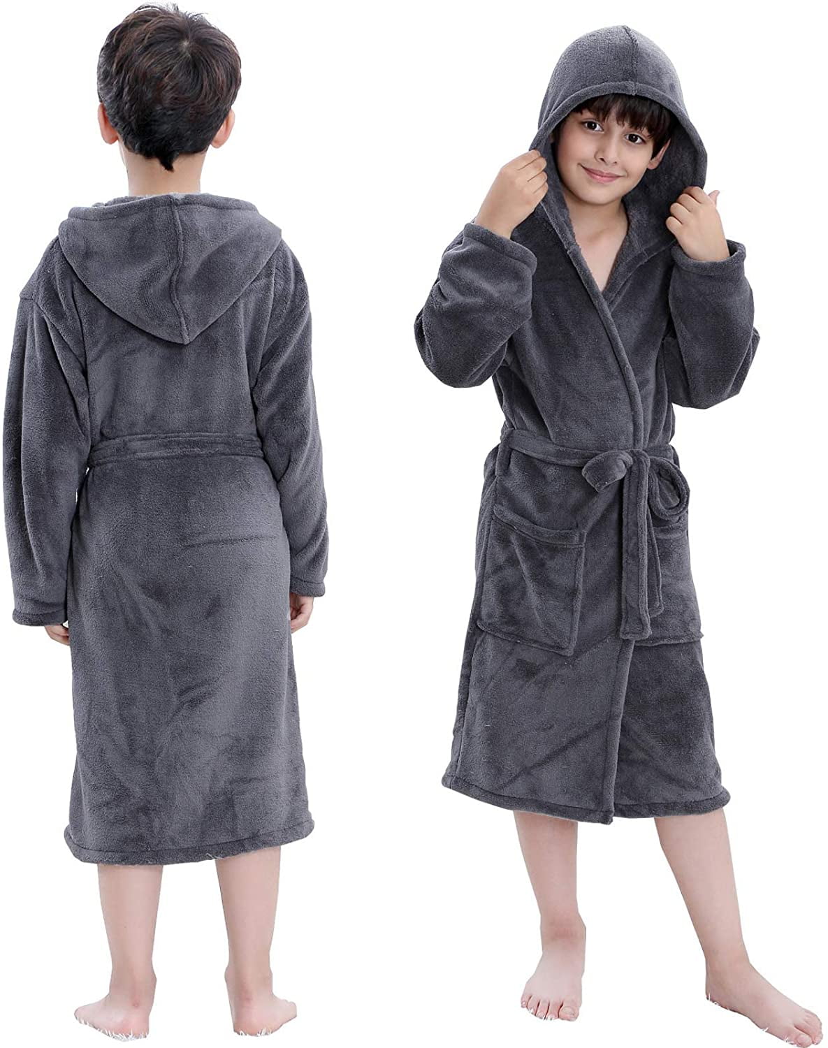 Hooded Herringbone Boys Fleece Grey Soft Spa Kimono Long Robe,Kids Comfy Sleepwear Bathrobe