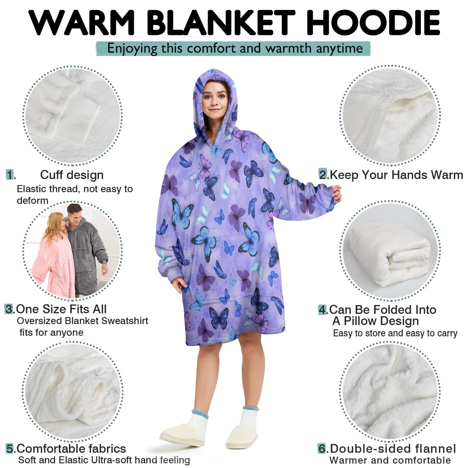 Purple Butterfly Pattern Wearable Oversized Blanket,Wearable Blanket Hoodie for Adults,Cozy Hooded Blankets with Super Pockets,Super Warm Fuzzy Pullover for Women & Men