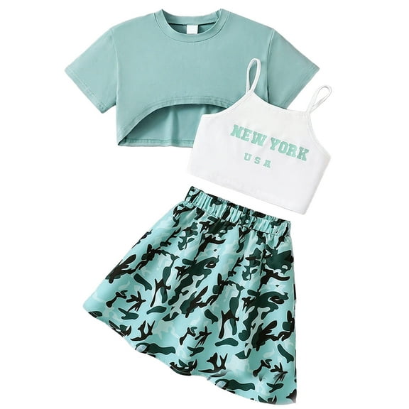 BOOMNY Kids Girls Clothes Set Sleeveless Letter Prints Cropped Tops Skirts With Hollow Out Shirt 3Pcs Outfit Sets Lightweight Summer Clothing Set