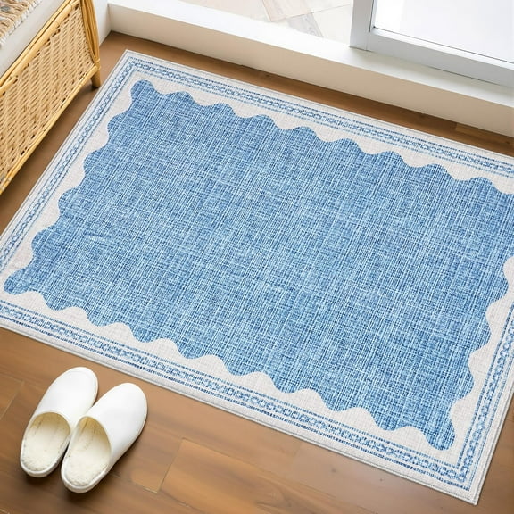 Xchearser Door Mat Indoor Rugs for Entryway Small Throw Rug 2x3 Washable Non-Slip Solid Blue Modern Minimalism Soft Low-Pile Scalloped Carpet for Bedroom Kitchen Bath Entrance with Rubber Back