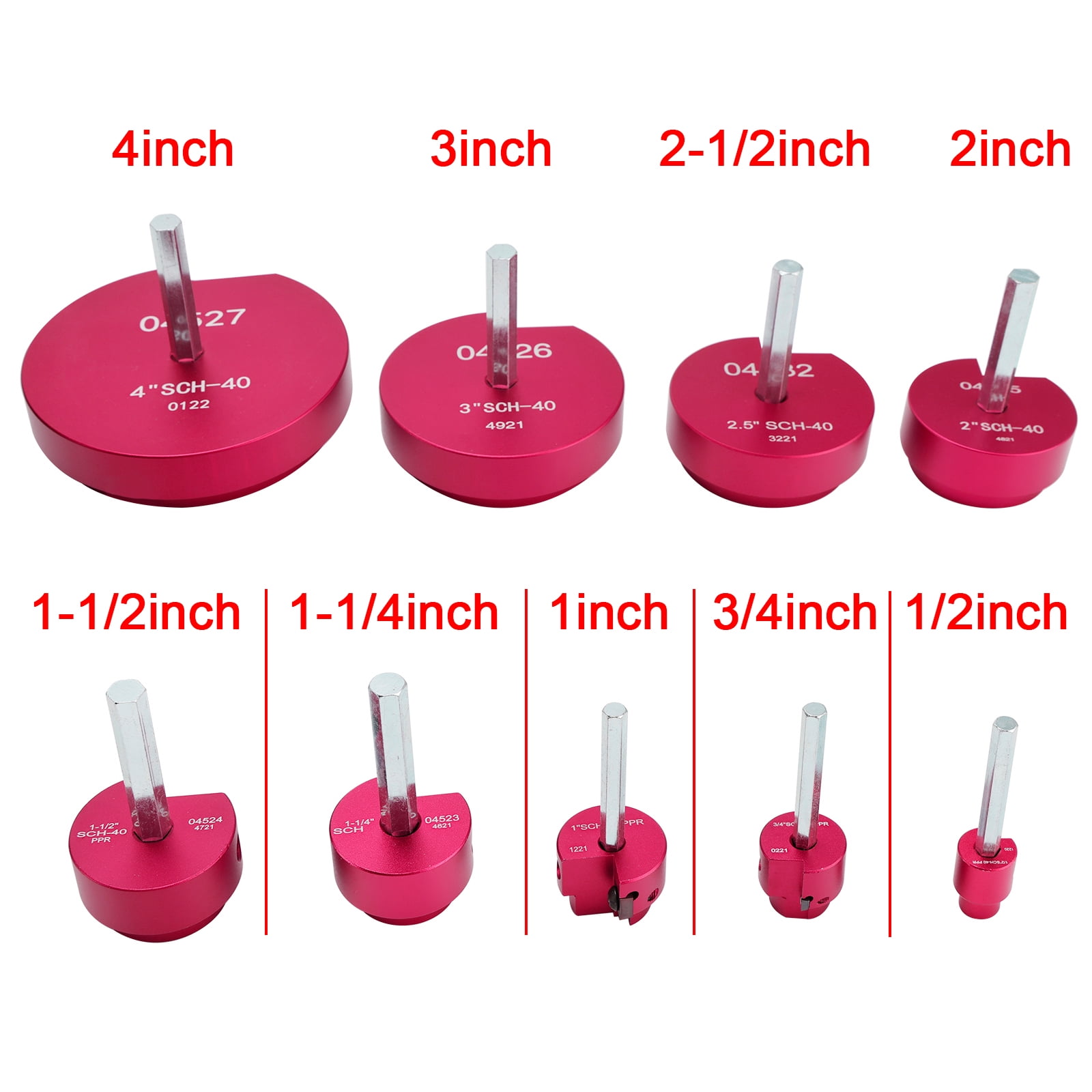 9 Piece Plastic Pipe Fitting Reamer Kit for 1/2" Drill, Includes0.5", 0.75", 1", 1.25", 1.5", 2", 2.5" 3", 4" Reamers, Carbide Cutting Inserts, For PVC, CPVC, ABS Pipe Fittings