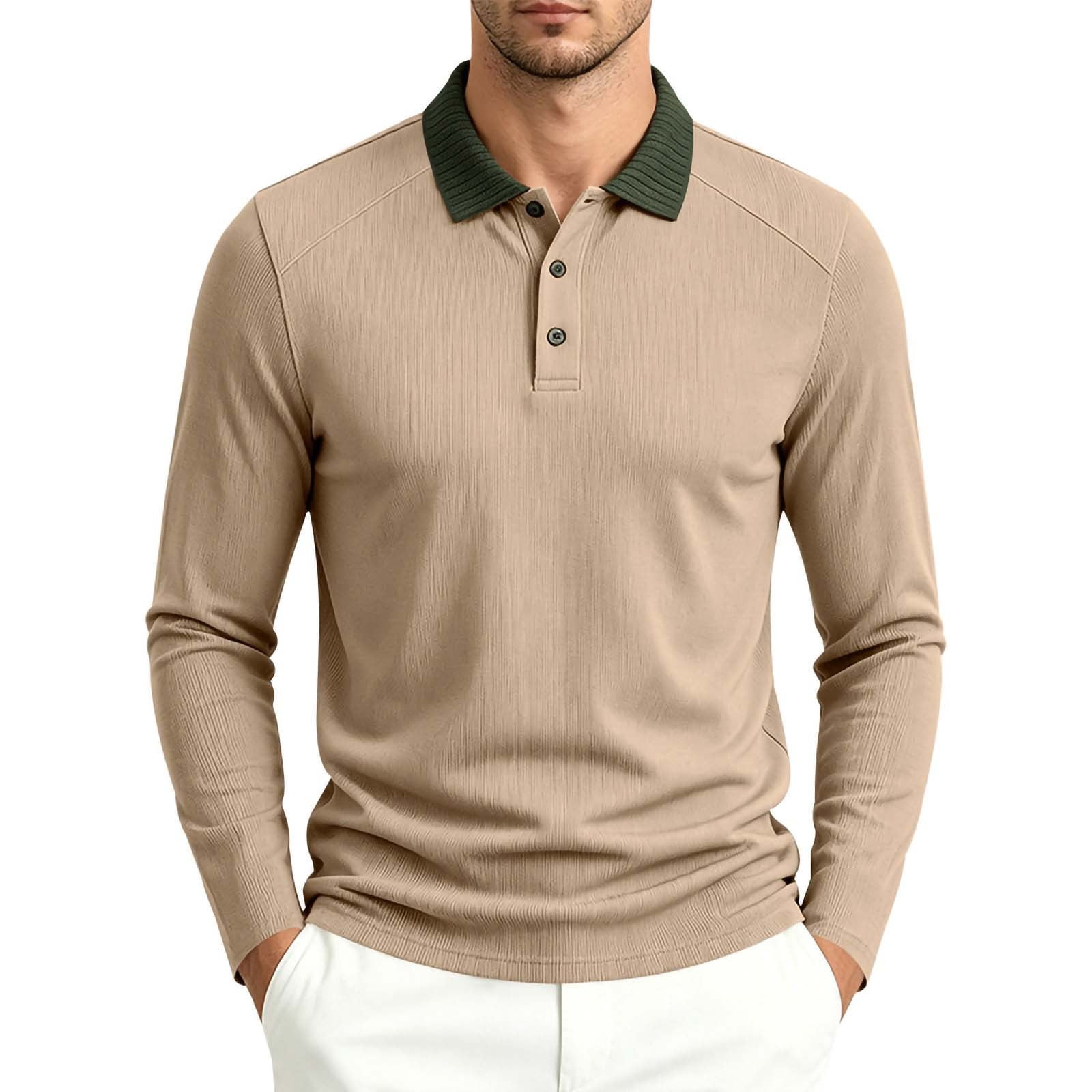 BRGZLK Mens Long Sleeve Golf Shirts Fall Trendy Color Block Patchwork Lapel Wrinkle Free Slim Fit Bussiness T-Shirts Lightweight Soft Comfy Casual Athletic Tee Tops Khaki 3XL