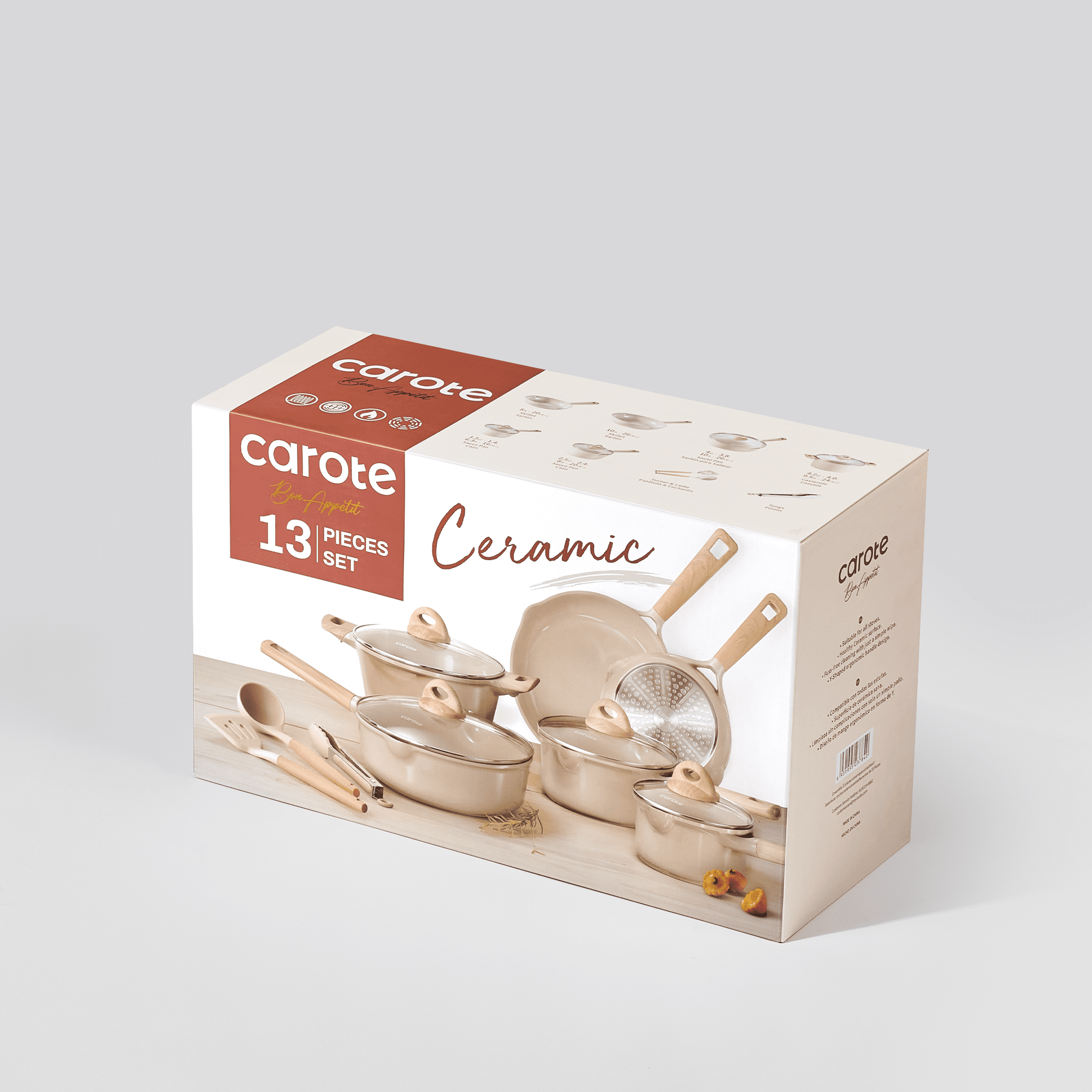 Carote Ceramic Nonstick Pots and Pans Set, 13 Pieces Non-Toxic Kitchen Cookware Sets Compatible for All Stoves, Taupe