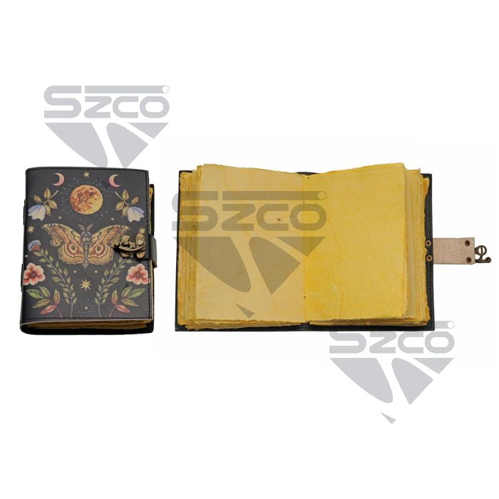 SZCO 5x7 Lunar Moth Leather Journal With Lock Vintage Paper Notebook Moon And Floral Design Writing Diary Sketchbook Gift Journal