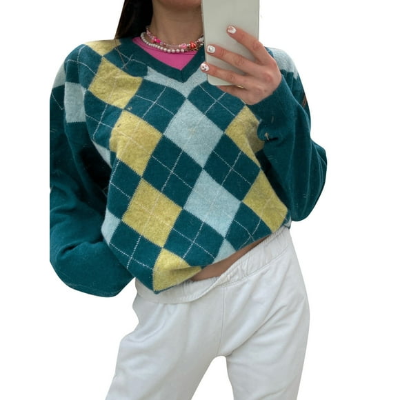 Gupgi Women's V Neck Sweaters, Long Sleeve Argyle Print Loose Knit Tops