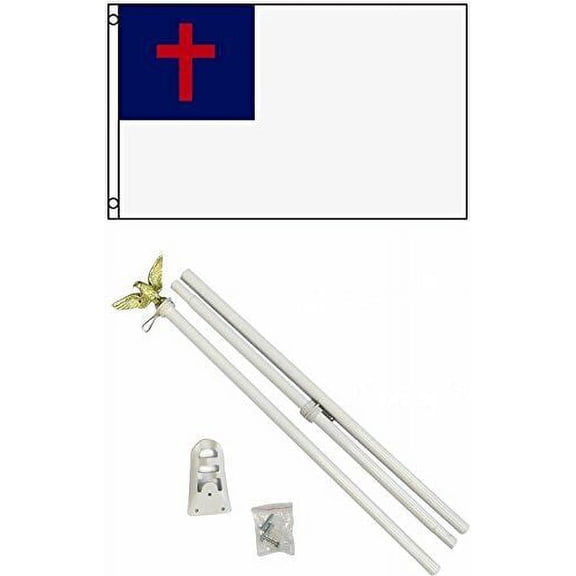 3x5 Christian Flag w/ 6' Ft White Flagpole Flag Pole kit Eagle Hardware Bracket