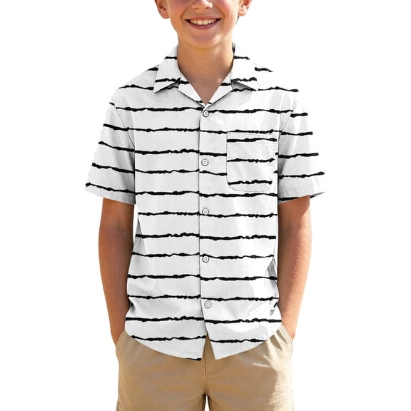 Edvintorg Boys Shirts Striped Printed Turndown Collar Short Sleeve Button Down Tops with Pocket Kids Clothing Size 3-15
