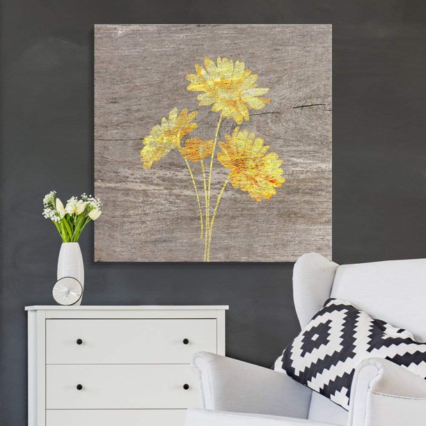wall26 Square Canvas Wall Art Yellow Daisy Wood Effect Canvas