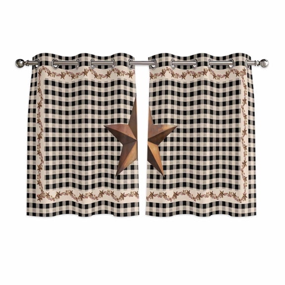 Texas Star Vintage Kitchen Curtains Window Panels, Retro Country Brown Stars Checkered Insulated Window Treatment Curtain, Grommet Curtains for Bedroom/Living Room/Bathroom, 2 Piece 42"Wx45"L