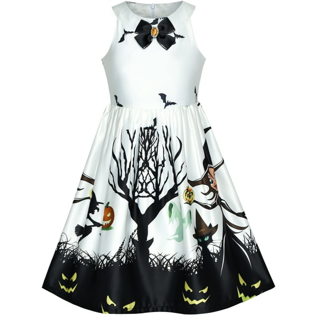 Robe Fille Blanche Halloween Sorcière Bat Citrouille Costume Robe Dos Nu 14 Ans