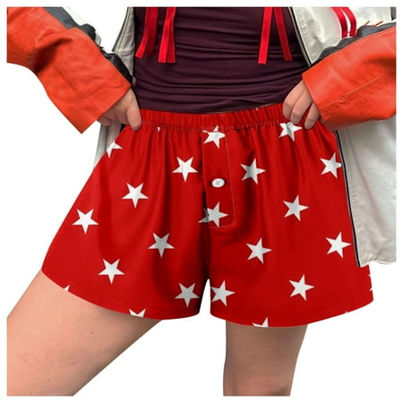 Blphud Shorts Womens Women s Shorts plus Size Women Shorts Soft Elastic Low Waist Print Button Front Pajama Bottoms Boxer Shorts Sleepwear Womens Short Cotton Red XL