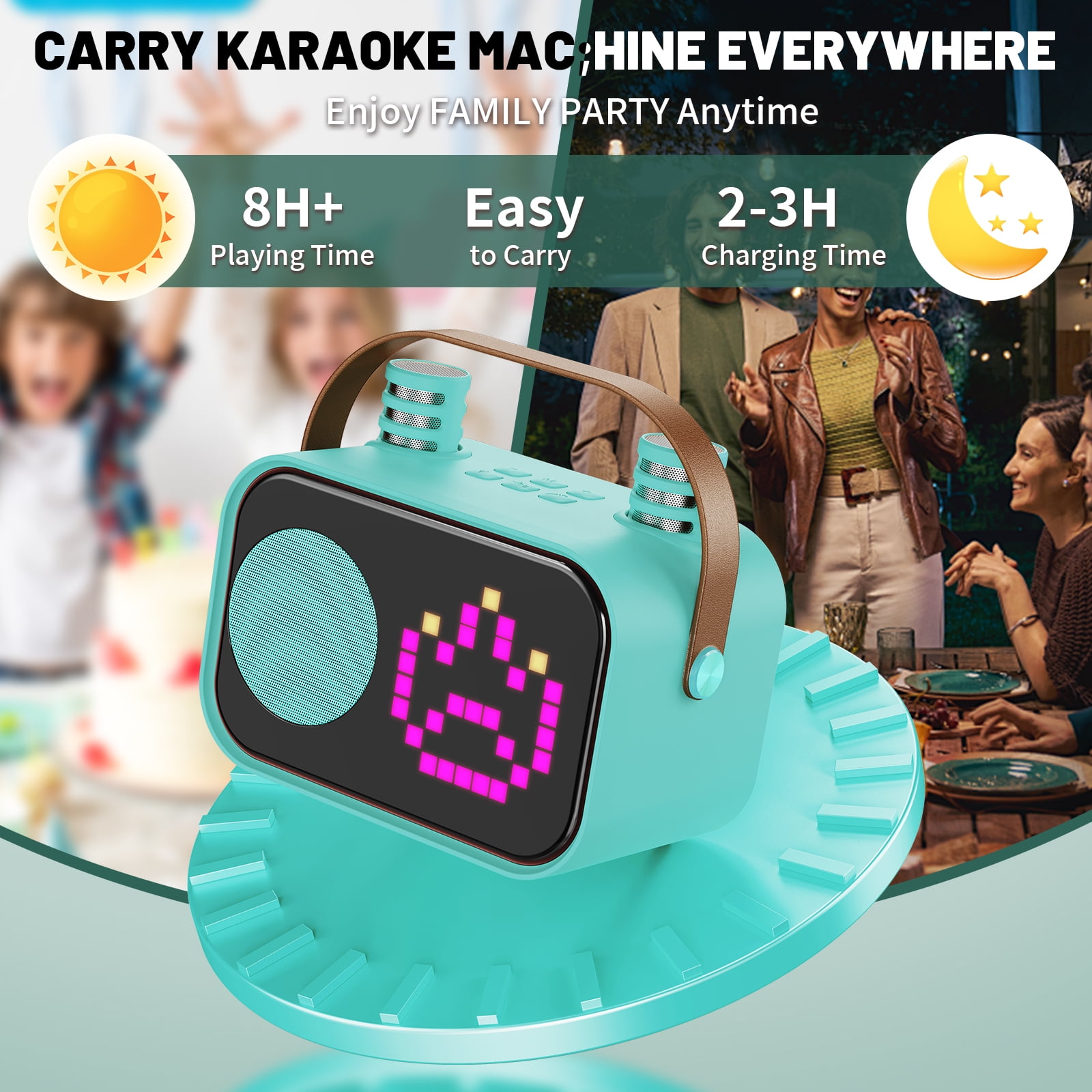 JYX Karaoke Machine for Kids Adults, Portable Bluetooth Speaker with 2 Mic, Party Speaker with 15+ Pixel Animation for Singing, D58G-T