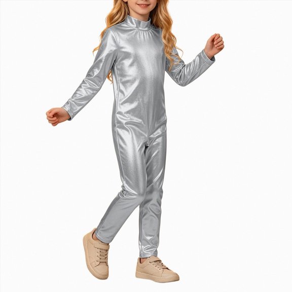 WXFAZCVU Girls Jumpsuit Crewneck Long Sleeve Shiny Romper Kids Slim Fit Bodysuit Trendy Clothes Size 5-6 Years