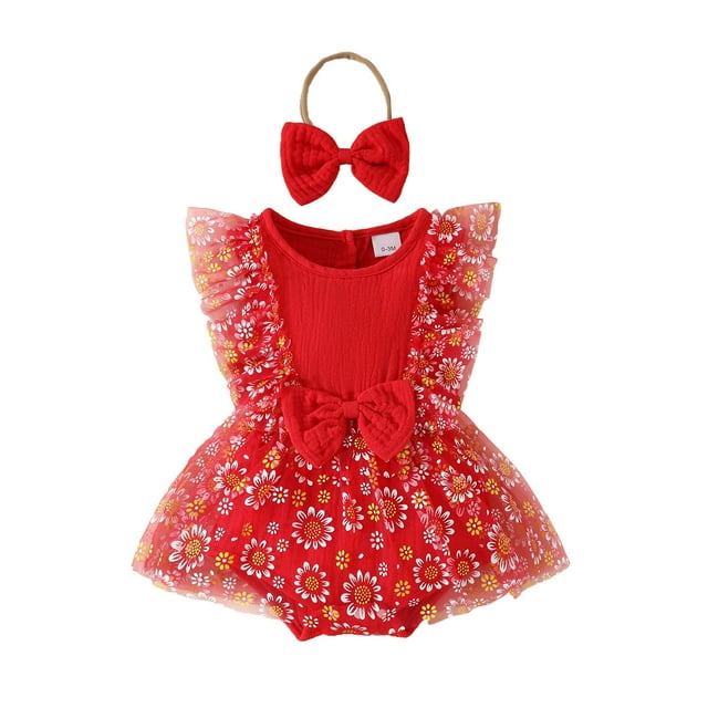 Infant Girl Clothes Ruffle Sleeveless Flower Printed Bodysuit Baby Girl Rompers Dresses with Headband Two Pieces Set 1st Birthday Dress 3-6 Months Baby Girls Clothes