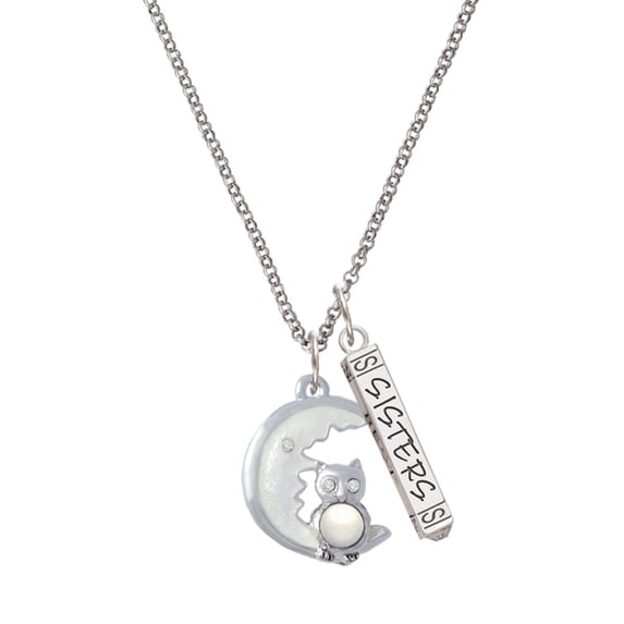 Delight Jewelry Silvertone Large Imitation Pearl Owl Sitting on White Moon Silvertone Sisters Best Friends Forever Bar Charm Necklace, 23"