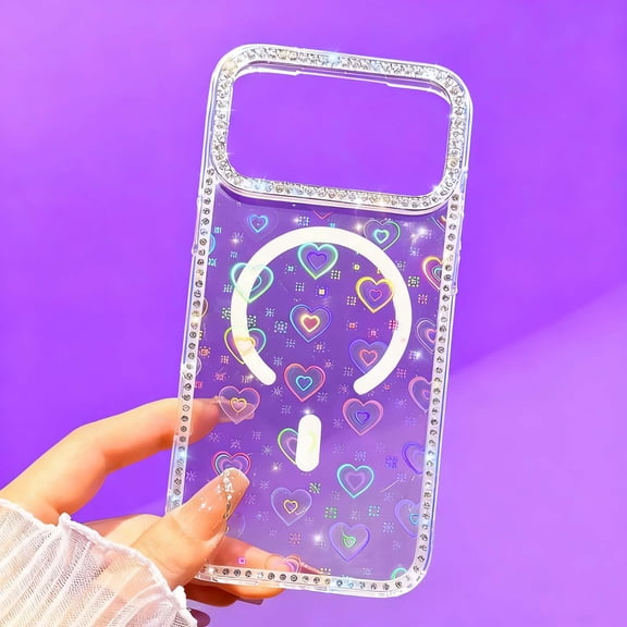 Magnetic For iPhone 15 Pro Phone Case,Compatible with Mag-Safe,Luxury Bling Diamond Frame Camera Ring Design,Glitter Sparkly Cute For Women Girls,Shockproof Anti-fall Phone Case,C