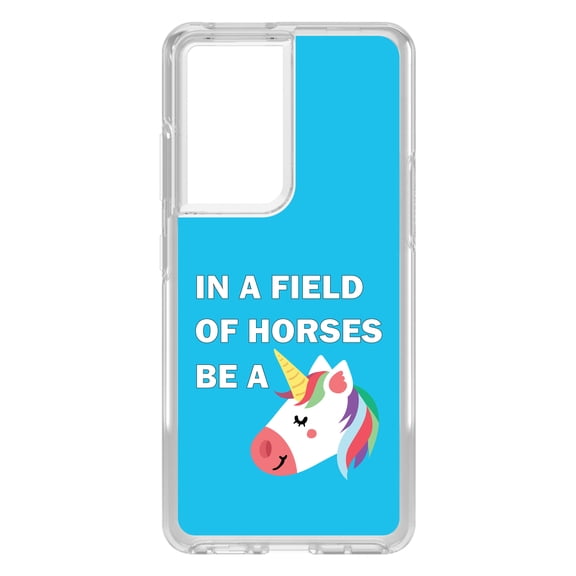 DistinctInk Clear Shockproof Hybrid Case for Galaxy S21 ULTRA 5G (6.8" Screen) - TPU Bumper, Acrylic Back, Tempered Glass Screen Protector - In a Field of Horses, Be a Unicorn - Blue