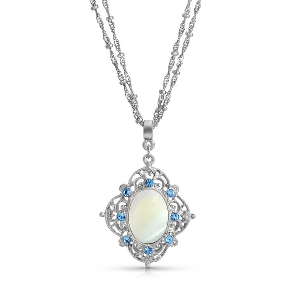 1928 Jewelry Aquamarine Blue Crystal Mother Of Pearl Filigree Pendant Necklace For Women 16"   3" Extender