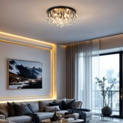 Kenroy Home Cascade 13'' Flush Mount Ceiling Light Fixture with Tiered Rows of Cascading Glass Crystal Beads for Entryway, Living Room, Dining Room, or Bedroom, Black