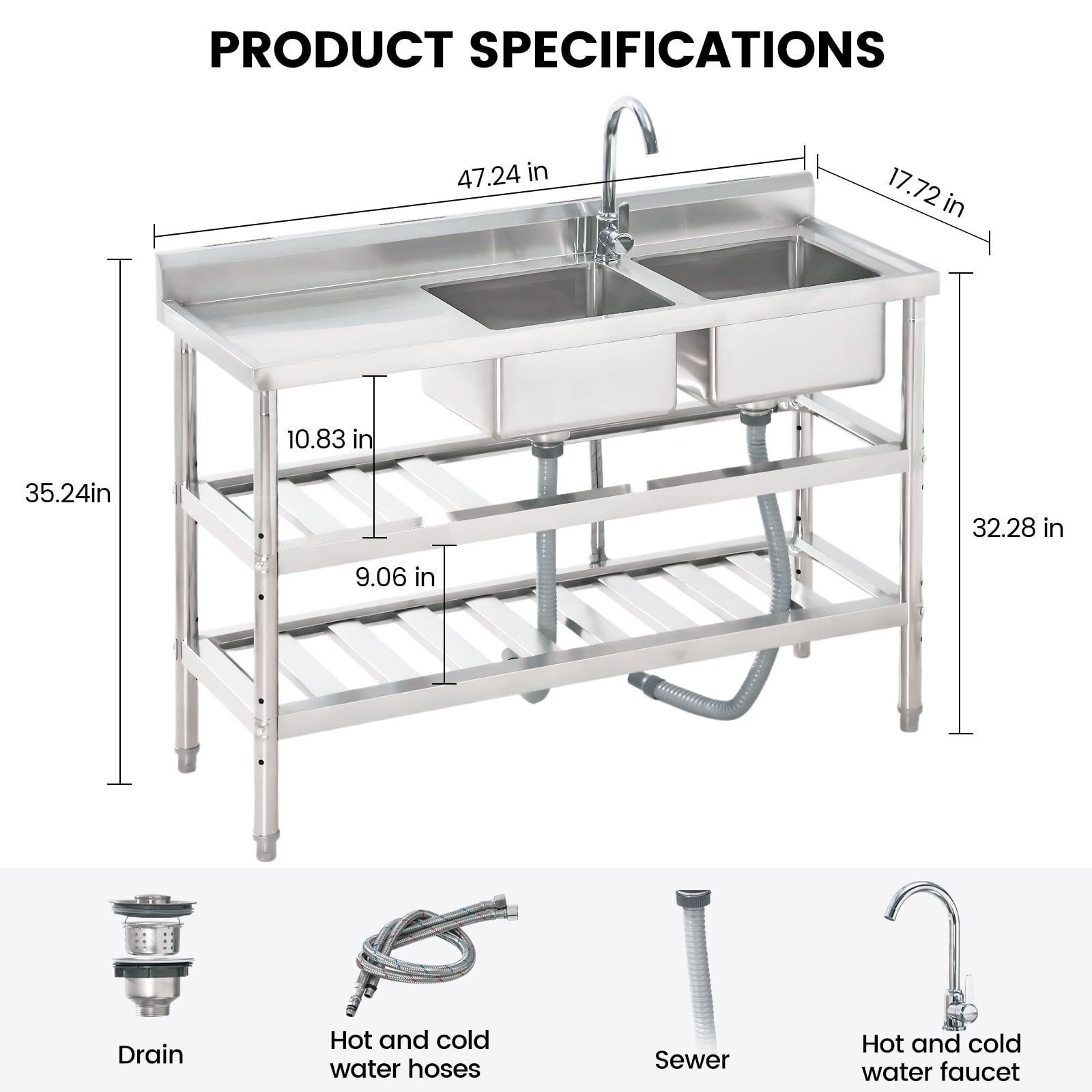 Stainless Steel Utility Sink, with Faucet, Legs, Cold and Hot Water Pipe, Heavy-Duty, Easy to Clean, for Laundry, Kitchen, Garage, Outdoor, Garden