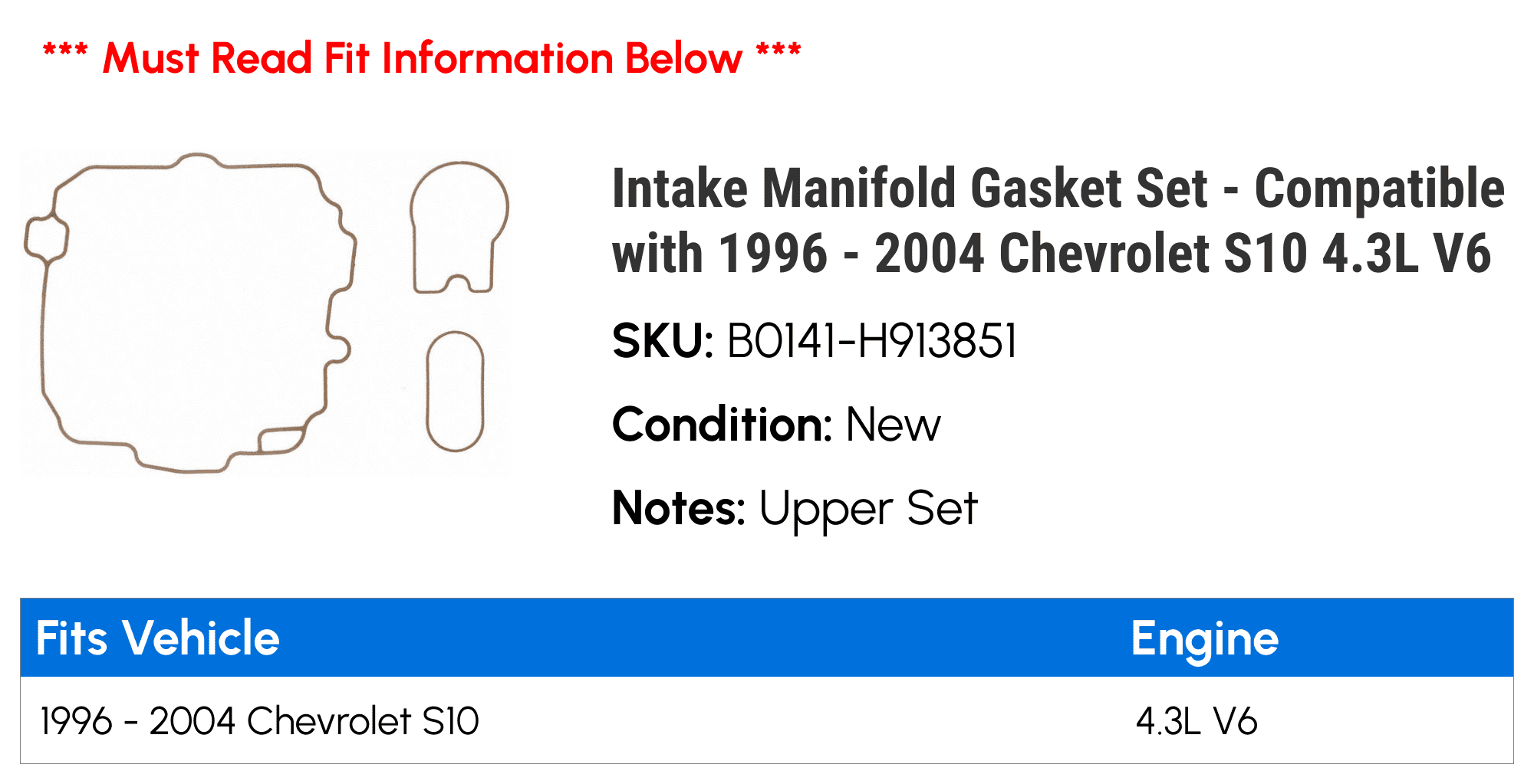 Intake Manifold Gasket Set - Compatible with 1996 - 2004 Chevy S10 4.3L V6 1997 1998 1999 2000 2001 2002 2003