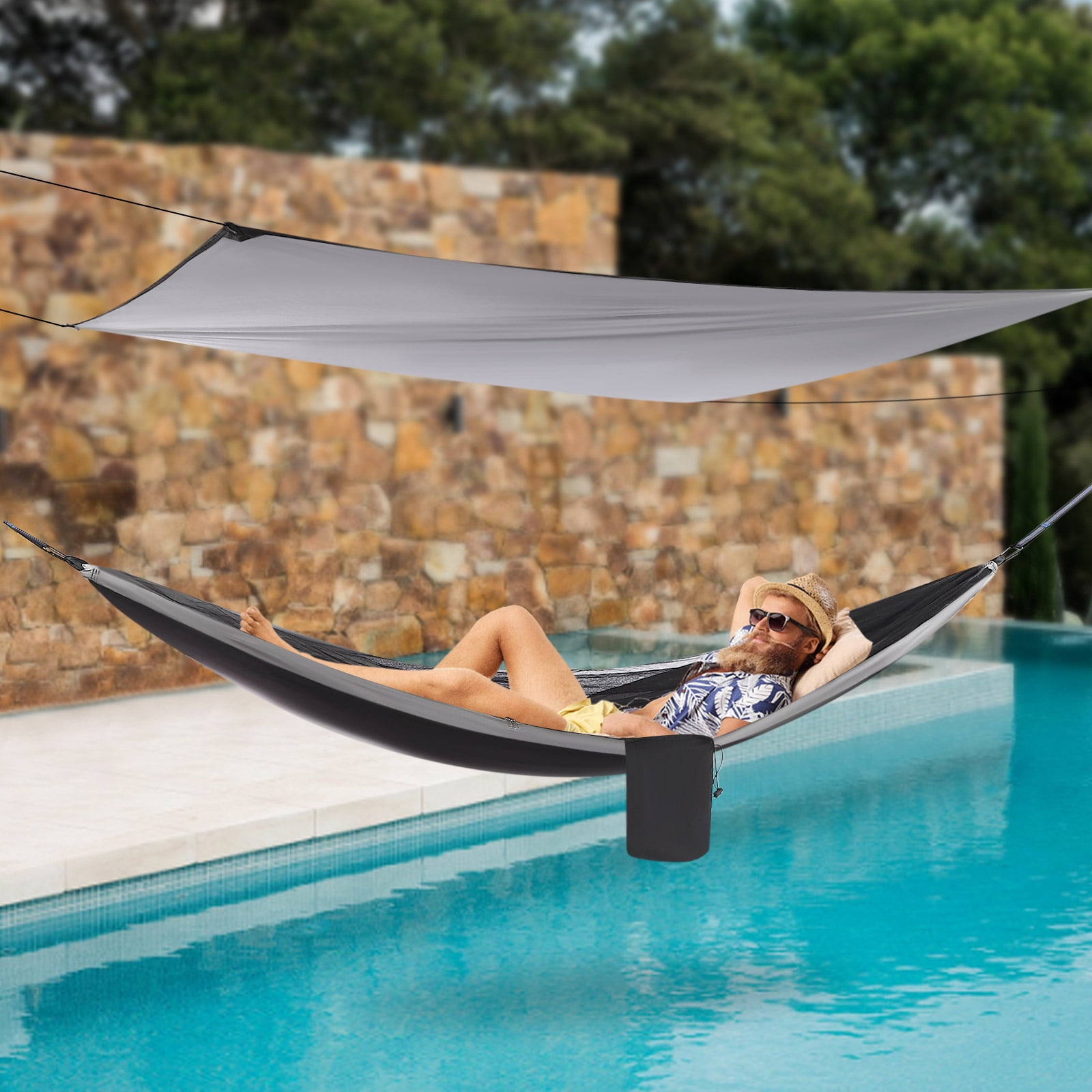 Fichiouy Camping Hammock with Net Tent and Rain Fly Tarp Portable Nylon Parachute Hammock with Heavy Duty Tree Strap Load-Bearing Capacity 200kg/440.9lbs