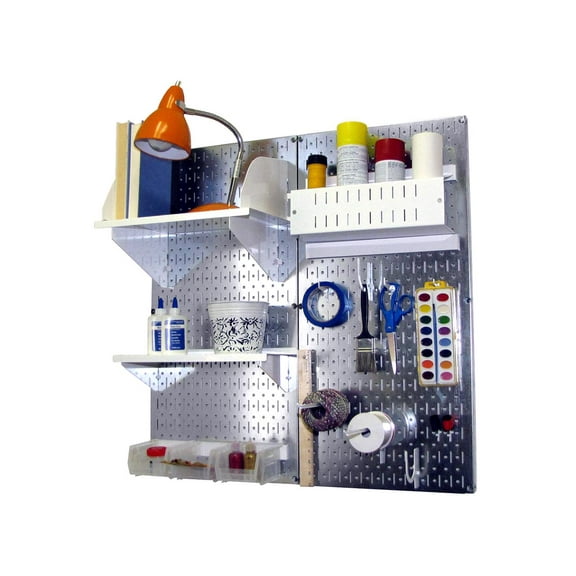 Wall Control Pegboard Hobby Craft Pegboard Organizer Storage Kit with Metallic Pegboard and White Accessories