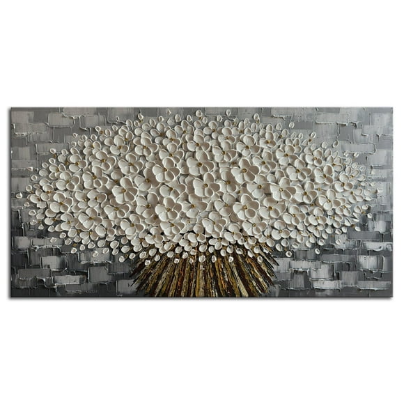 Alenoss Floral Oil Paintings on Canvas 2840" 3D Modern Canvas Wall Art White Flower Black Vases Decorations Framed Grey Artwork Wall Pictures for Bedroom Living Room