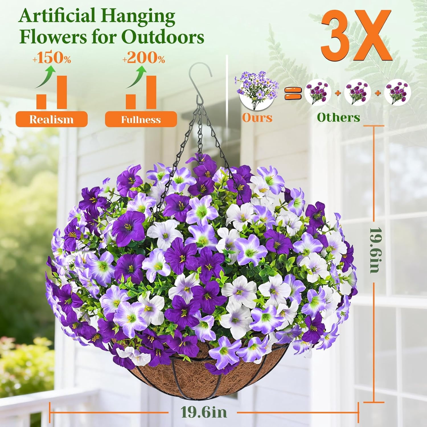 Lyacmy Artificial Hanging Flowers in Basket for Outdoor, UV Resistant Faux Petunias with Eucalyptus Leaves with 20Inch Coconut Lining Chain Flowerpot,Purple White