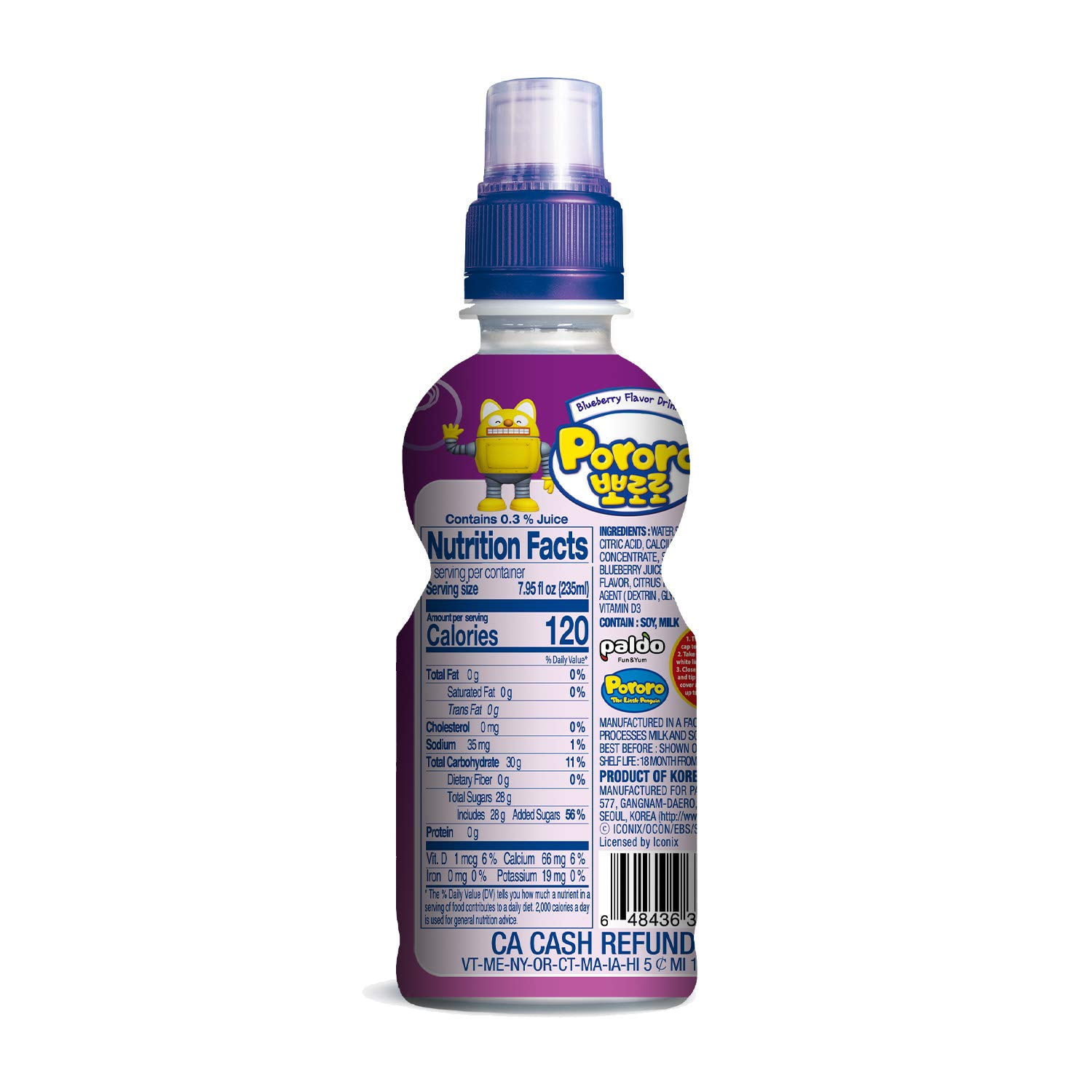 Paldo Fun & Yum Pororo Kids Blueberry Drink, 7.95 fl oz (235 ml), Pack of 8 – Fruit Juice Beverage with Push-Pull Sports Cap