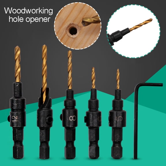 Windfall 1 Set Hexagonal Shank Woodwork Hole Opener Countersunk Drill Bit Drilling Tool For Screw Sizes #5 #6 #8 #10 #12, (4Pcs / 5Pcs)