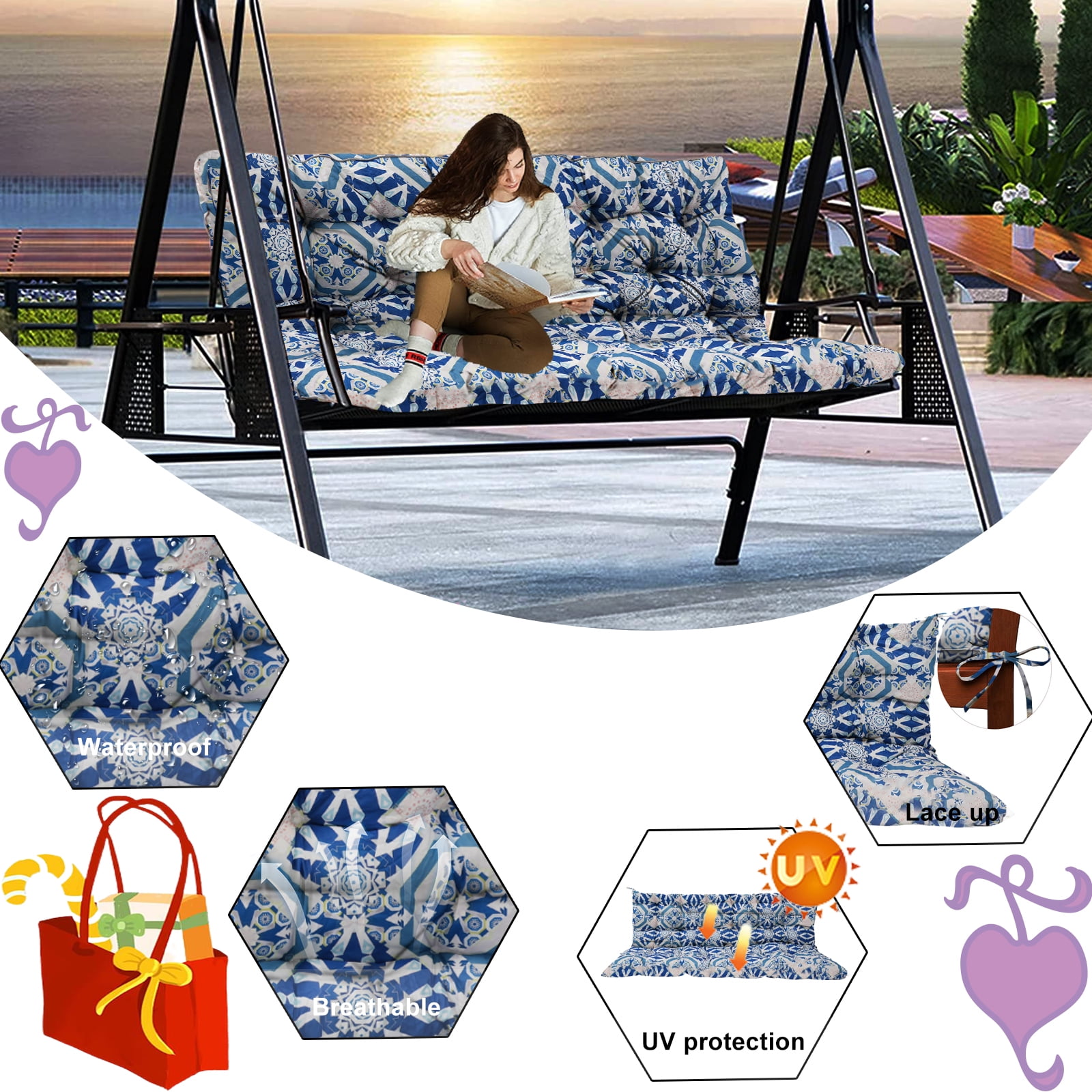XXLYY Porch Swing Cushions, Waterproof Swing Replacement Cushions with Backrest and Ties, Garden Bench Seat Cushion, Outdoor Porch Patio Swing Non-Slip Chairs Pad