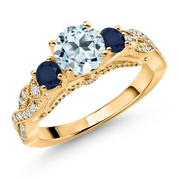 Gem Stone King 18K Yellow Gold Plated Silver Sky Blue Topaz Blue Sapphire and White Moissanite Engagement Ring for Women (1.57 Cttw, Gemstone November Birthstone, Round 6MM and 3MM, Size 8)