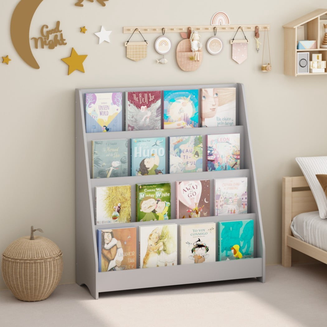 4-Tier Kids Bookshelf, Toddler Book Display Shelves, Wooden Children's Bookcase with Open Storage, Rounded Edges & Tip-Over Restraint for Bedroom, Playroom & Classroom, Gray