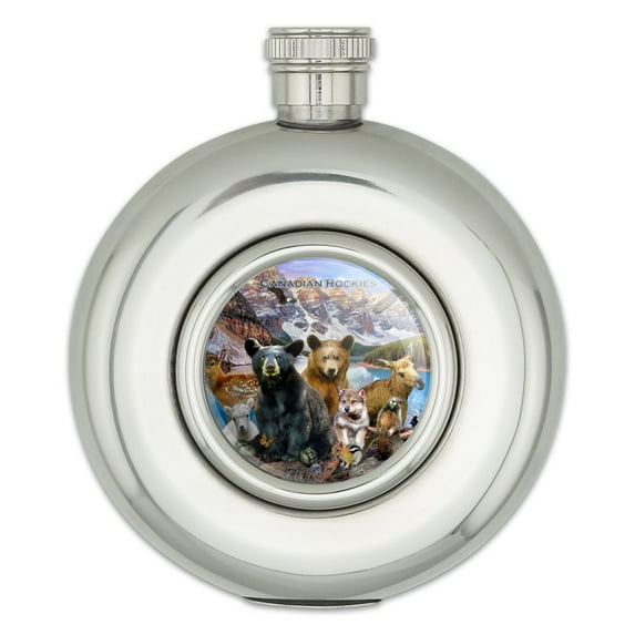 Canadian Rockies Mountain Range Animals Beer Wolf Moose Deer Round Stainless Steel 5oz Hip Drink Flask