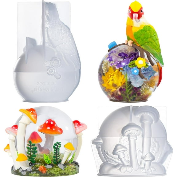 LET’S Resin Crystal Ball Resin Molds, Crystal Orb Decorative Statue Silicone Molds with Mushroom Stand and Bird Figurine,3D Sphere Epoxy Resin Molds for DIY Tabletop Decor, Housewarming Gifts